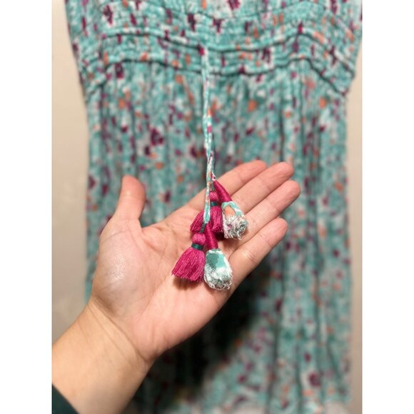 Poupette St.Barth Floral Midi Dress Women Small Aqua Elastic Waist Tassel Resort - Picture 8 of 16